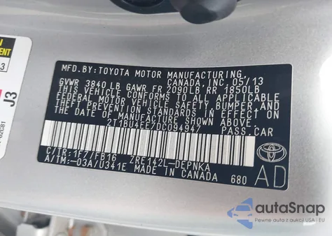 2013 Toyota Corolla Le из США, поврежденный, VIN 2T1BU4EE7DC094947